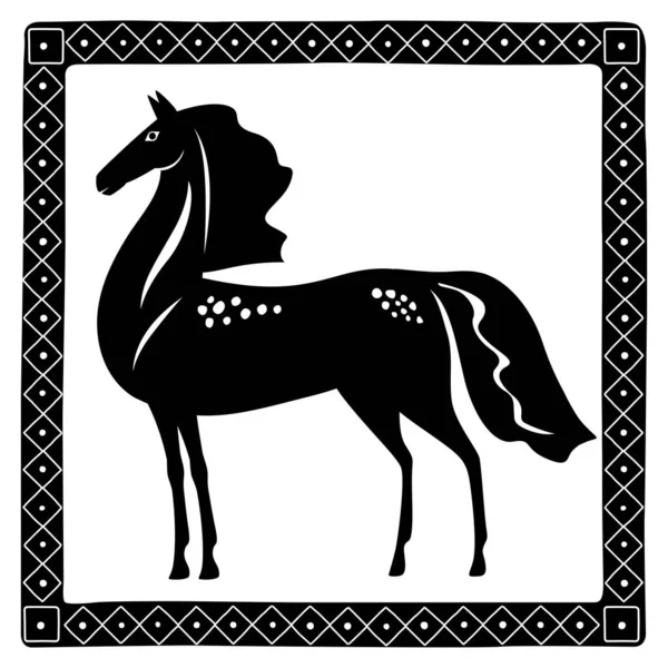 Silhouette Disegnata Cavallo Modello Decorativo Una Cornice Grafica Vettoriale — Vettoriale Stock