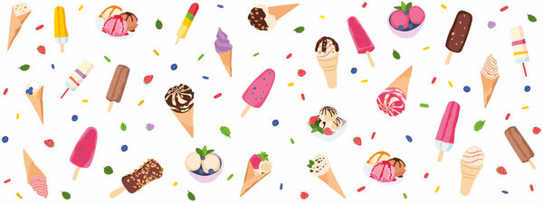 Various ice creams seamless pattern. Background for decoration. Hand vector illustration
