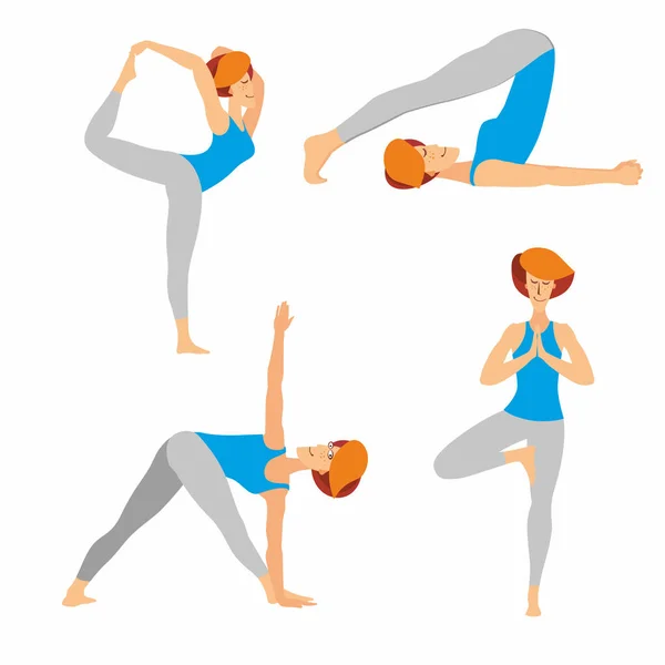 Yoga Poses Set Drawn Cheerful Woman Doing Exercises Vector Illustration — Stock Vector
