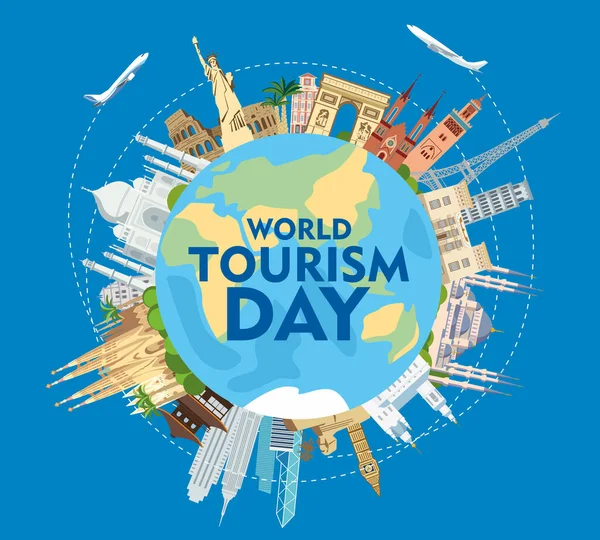 Dünya Turizm Günü. Kutlama posteri. Küredeki yazıt. Mimari anıtların etrafında. Vektör grafikleri