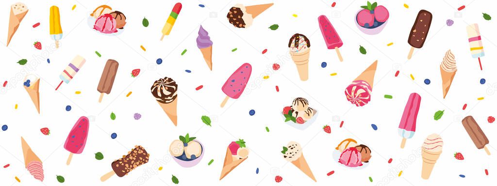 Various ice creams seamless pattern. Background for decoration. Hand vector illustration