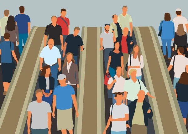 Une Foule Gens Dans Métro Sur Escalator Illustration Vie Urbaine — Image vectorielle