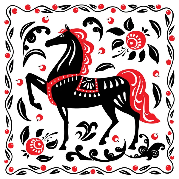 Decorative Horse Floral Ornament Ethnic Black Red Painting Rustic Style — Stock Vector