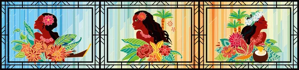 Parçalı Lekeli Cam Günbatımı Arka Planında Güzel Kızlar Tropikal Bitki — Stok Vektör