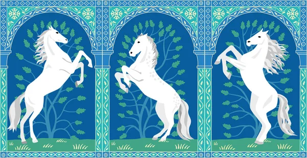 Triptych Beautiful White Horses Hind Legs Decorative Oriental Ornament Vector — Stock Vector