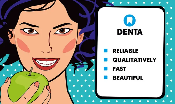 Reklama Zubní Kliniku Asijská Krásná Dívka Usmívá Zelené Jablko Ruce — Stockový vektor