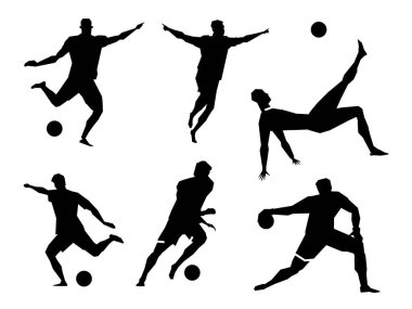 Futbolcuların siyah siluetleri. Topla çeşitli pozlar. Vektör grafikleri