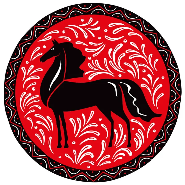 Černý Kůň Červeném Kulatém Dekorativním Pozadí Vzor Rostliny — Stockový vektor
