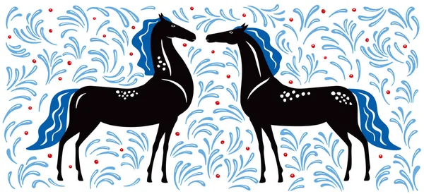 Zierpferde Stilisierung Malerei Schwarze Und Blaue Farben — Stockvektor