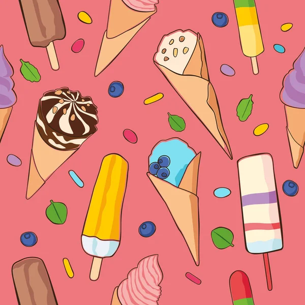 Varios Helados Sobre Fondo Rojo Ilustración Gráfica Imagen Sin Costura — Vector de stock