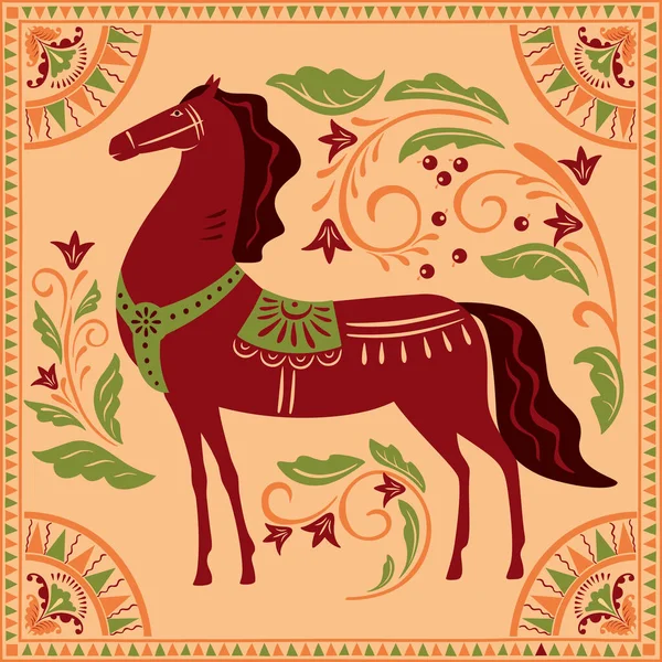 Malovaný Ozdobný Kůň Boretská Malba Stylizovaná Ilustrace — Stockový vektor
