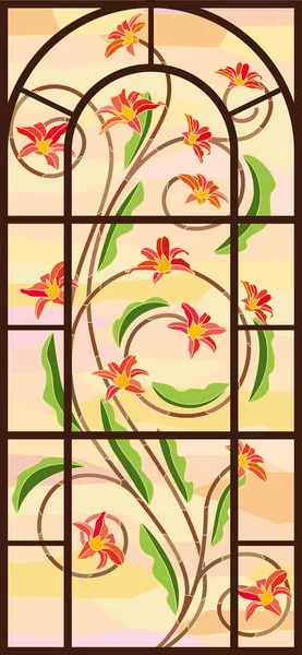 Verticaal Glas Lood Raam Ornament Tak Met Bloemen Bladeren Glasdruk — Stockvector