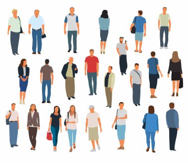 Sokaktaki insanlar tecrit edilmiş. Beyaz arka plandaki figürler. Kasaba halkı ve erkek ve kadın kalabalığı