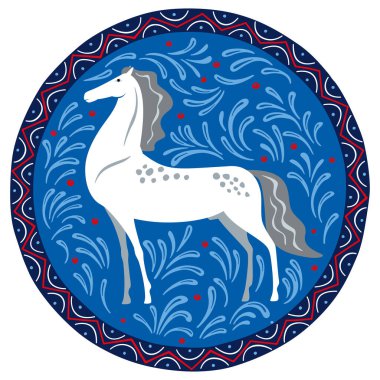 Mavi yuvarlak dekoratif arka planda beyaz at. Bitki deseni