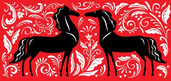 Cavalos Negros Casal Fundo Vermelho Pintura Estilização Decorativa Ornamento Étnico —  Vetores de Stock