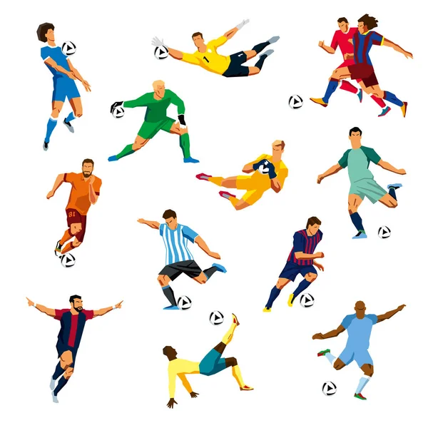 Figuras Jogadores Futebol Várias Poses Formas Conjunto Jogadores Futebol — Vetor de Stock