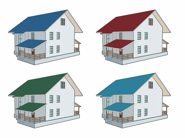 Σπίτια Των Χωρικών Είναι Έτοιμα Γραμμικό Σχέδιο Διάφορα Χρώματα Οροφής — Διανυσματικό Αρχείο