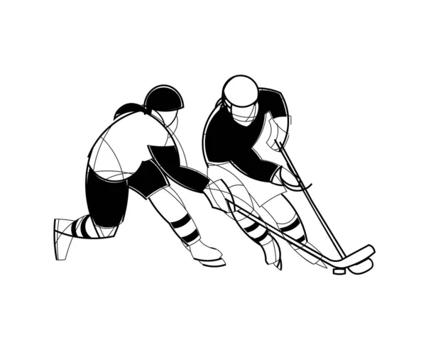 Hockeyspielerinnen Mit Hockeyschlägern Und Puck Lineare Schwarz Weiß Grafik Stilvolles — Stockvektor