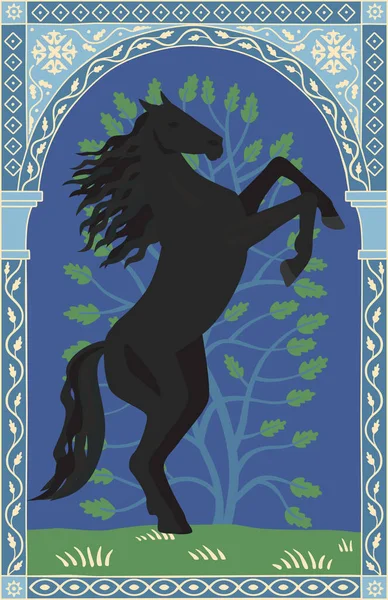 Cavalo Preto Está Suas Patas Traseiras Pintura Estilo Oriental Arco —  Vetores de Stock