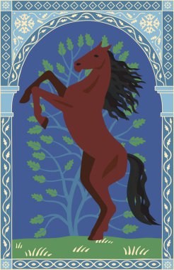 Kahverengi at arka ayakları üzerinde duruyor. Doğu tarzında resim yapmak. Kemer çiçeklerle süslenmiş.