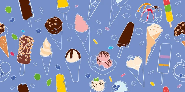 Imagen Perfecta Varios Tipos Helados Dibujo Lineal Manchas Colores Gráficos — Vector de stock