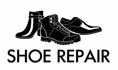 Ayakkabı tamiri logosu. Yürüyüş botlarının siluetleri, kadın botları ve klasik ayakkabılar. Vektör grafikleri