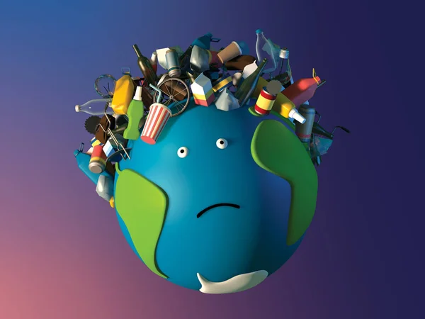 3d Illustration Der Traurige Planet Erde Fliegt Mit Mull Auf Dem Kopf In Form Einer Frisur Ins All Umweltkatastrophe Grotesk Kunststoff Stock Photo 292548680
