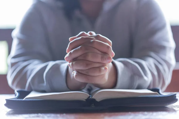 Teenager Woman Hands Praying God Bible Woman Pray God Blessing — Stock Photo, Image