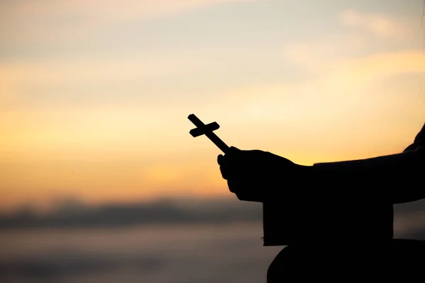Female Hands Crucifix Sunrise Background — Stock Photo, Image