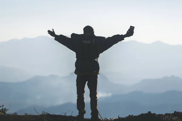 Hipster Young Man Backpack Enjoying Sunset Peak Mountain Tourist Traveler — Stock Photo, Image