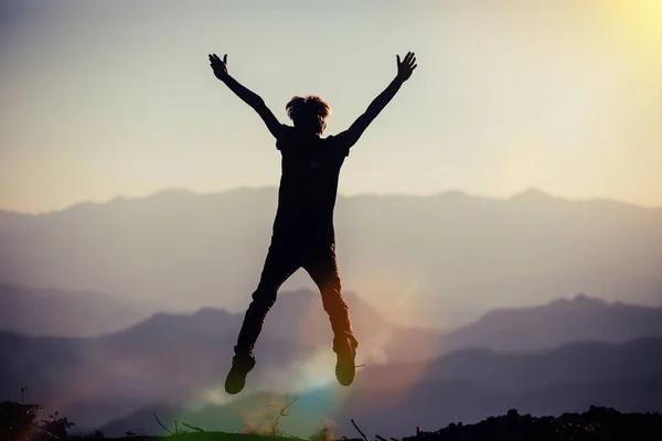 Black Silhouette Man Happy Jump Sunset Sky Mountain Background — Stock Photo, Image