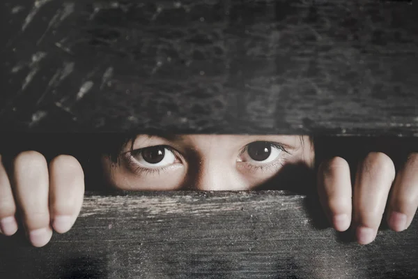 Bored little girl, Frightened child is spying through a wooden fence.