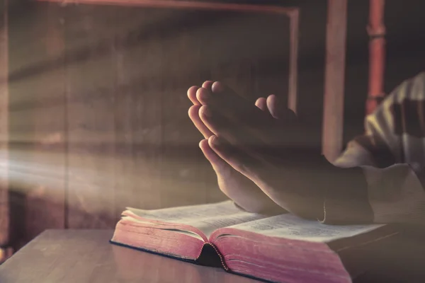 Hands of a person raised together in prayer with bible — Stock Photo, Image