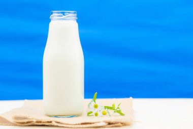 Süt şişeleri ve mavi bir arka plan içinde masada çiçekler, 