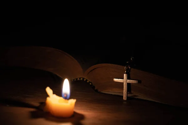 Bible, wood Cross and candles — Stock Photo, Image