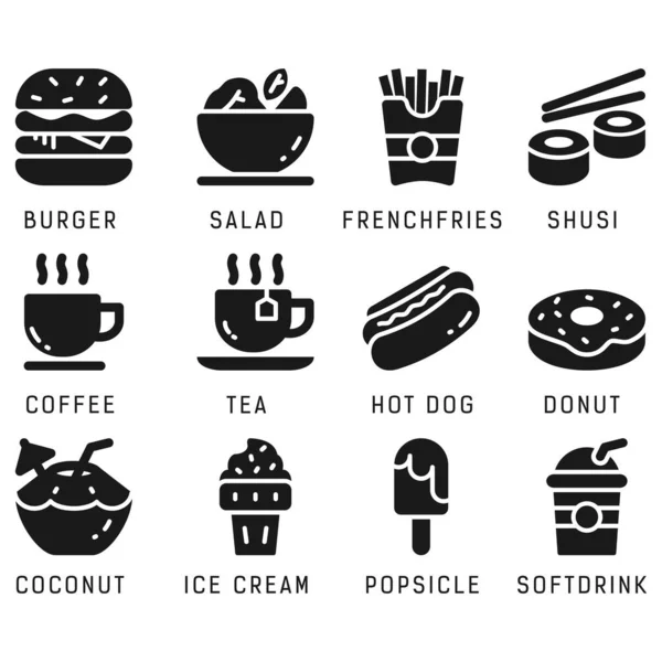 Food & drink icon set with solid style in isolated white background. Food & drink vector icon set, burger, coconut, salad, hotdog, shusi, softdrink, frenchfries, bbq, donut, tea, coffee and other