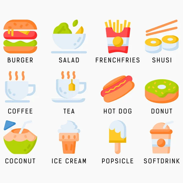 Food and drink icon set with flat color style in isolated white background. Food and drink vector icon set, burger, coconut, salad, hotdog, shusi, french fries, bbq, donut, tea, coffee and other