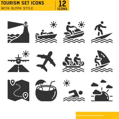 Siyah düz seyahat ve tatil vektör simgeleri seti. Günbatımı, rüzgar sörfü, yüzme, sürat teknesi, uçak, sörf, hindistan cevizi buzu, dalış, deniz feneri, jet ski, muz teknesi, şapka plajı ve diğer ikonlar. Eps dosyası