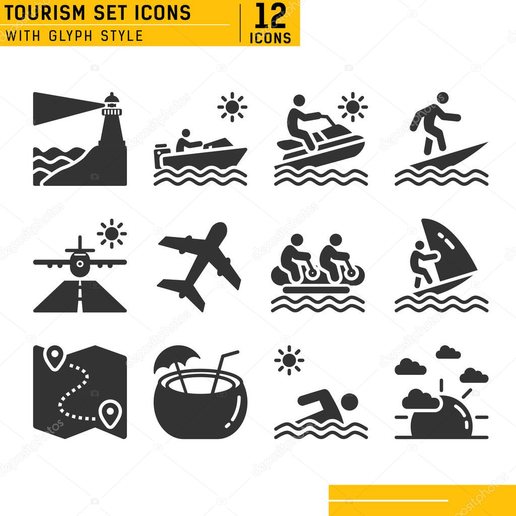 Set of black flat travel and vacation vector icons. Sunset, windsurf, swimming, speed boat, plane, surfing, coconut ice, diving, lighthouse, jet ski, banana boat, hat beach and other icons. Eps file