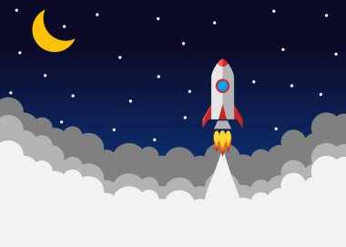Roket fırlatıldı. Vektör, piyasadaki bir iş ürününün tanıtım konsepti. Basit Roket web tasarımını başlat, Tepkili web tasarımı düz vektör, tasarım teknolojisi şablonu