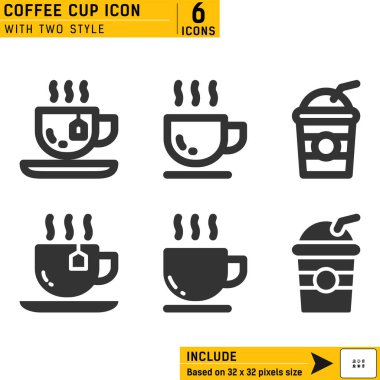 Yumuşak beyaz arka planda izole edilmiş kahve fincanı ikonu vektörü. İki stili olan bir ikon iç. Çay sembolü amblem işareti. Simge 32x32 'lik mükemmel piksel kutusu boyutunda düzgün bir şekilde tasarlandı. Düzenlenebilir boyut