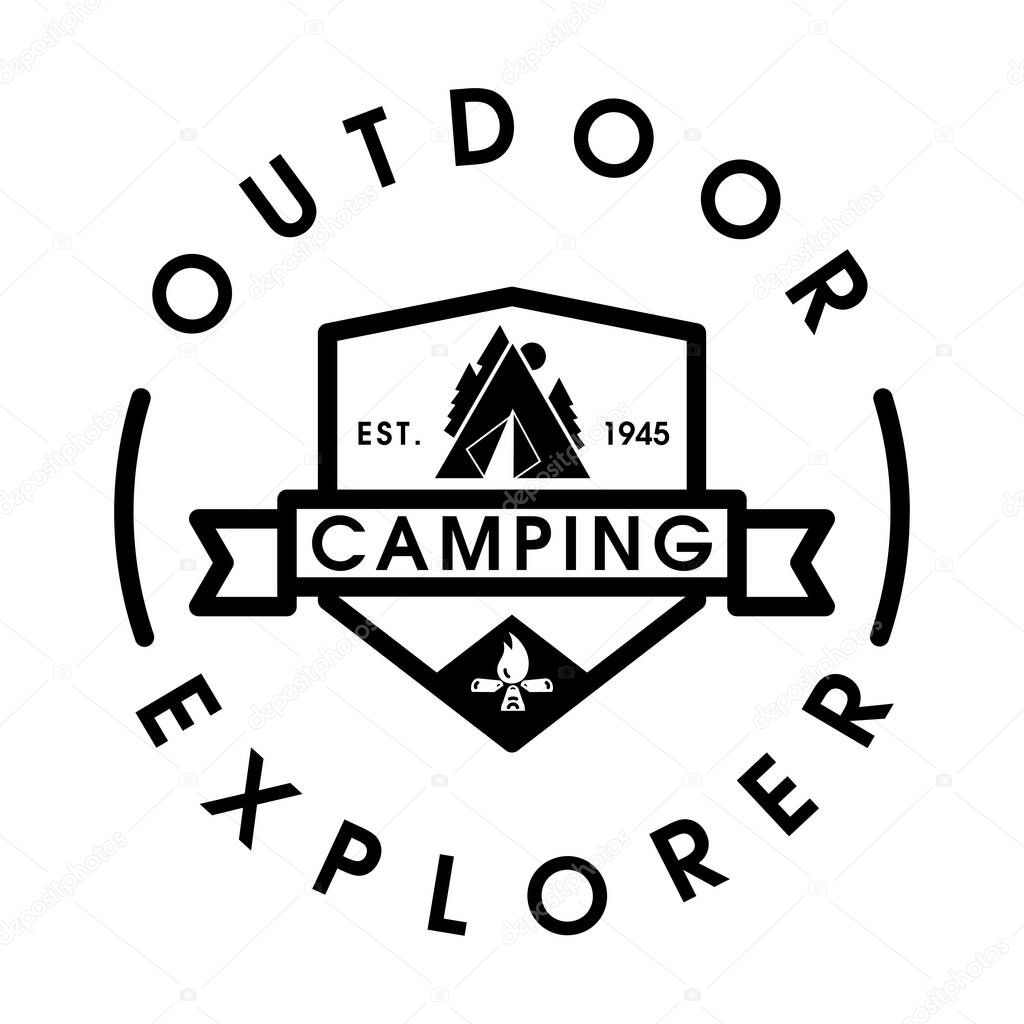 Vintage camping and outdoor adventure emblems, logos and badges. Camp tent in forest or mountains. Camping equipment. Vintage camping and outdoor adventure logo design template