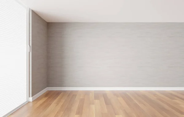 Boş oda içi 3D döşeme, ahşap zemin ve açık gri duvar, minimalist arkaplan çizimi
