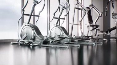 Spor salonu iç tasarımı, egzersiz ekipmanları, sağlıklı yaşam tarzı konsepti, video canlandırma animasyonu