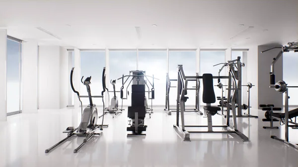 健身房室内健身器械 健康生活理念 3D渲染背景音乐 — 图库照片