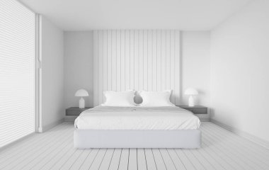 Beyaz yatak odası iç tasarımı 3D rendeleme arkaplanı, İskandinav modern tarzı
