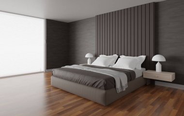 Yatak odasının içi yatak odası ve geniş pencereli, minimalist ve modern tarzda, 3D işlemeli arkaplan
