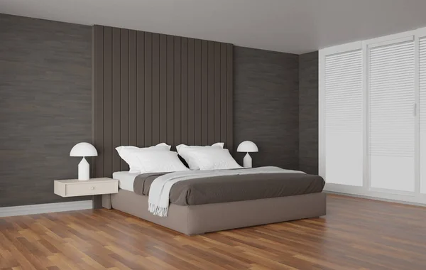 Modernes Schlafzimmerkonzept Mit Bett Modernem Und Minimalistischem Stil Renderhintergrund — Stockfoto