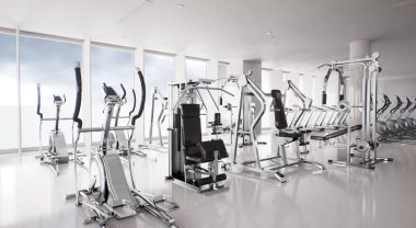 Modern spor salonu iç mimarisi. Egzersiz ekipmanı eliptik spor ayakkabıları. 3 boyutlu canlandırma arka planı.