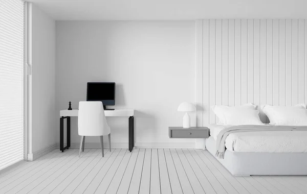 Dormitorio Mínimo Interior Del Espacio Trabajo Renderizar Estilo Habitación Blanca — Foto de Stock